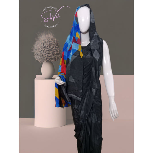 Midnight Mosaic: Black Saree with Architectural Geometric Pallu