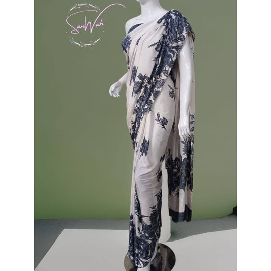 BLACK & WHITE FLORAL PRINT SAREE