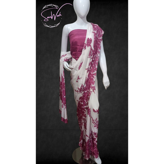 Contrast Floral Saree with Dramatic Berry Pink Border
