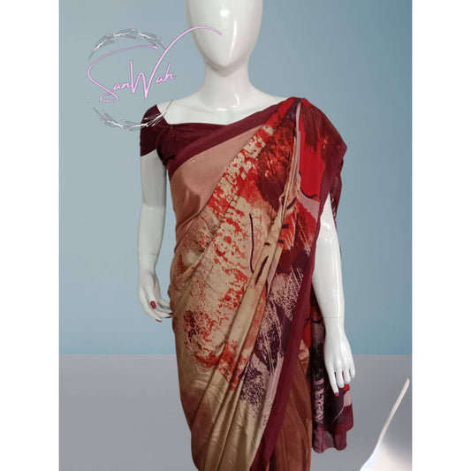 Rose Blush & Rust Artistic Floral Print Georgette Saree