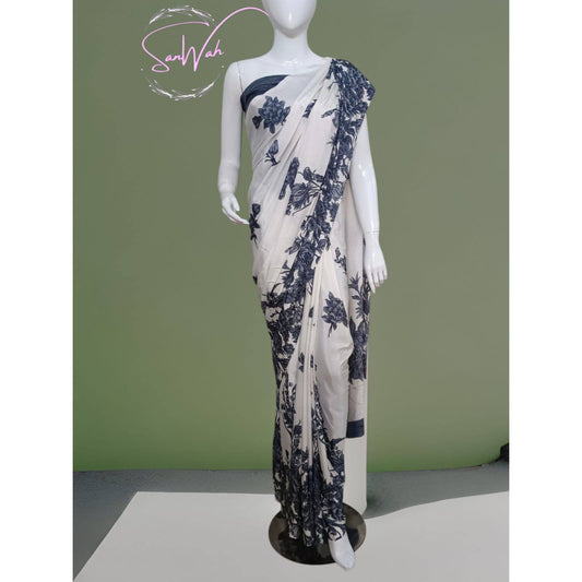 BLACK & WHITE FLORAL PRINT SAREE