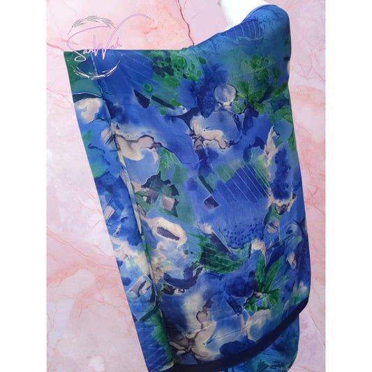 Deep Sea Azure: Watercolor Abstract Print Georgette Saree