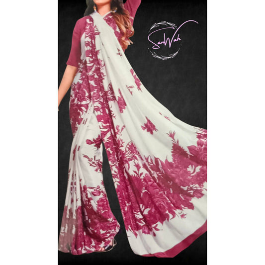 Contrast Floral Saree with Dramatic Berry Pink Border