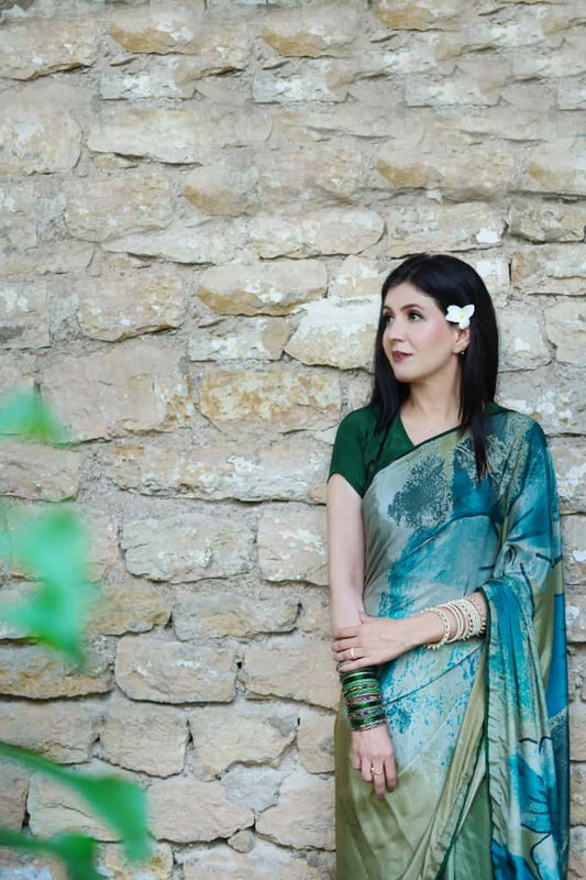 Elegant Green & Teal  blue Printed Saree