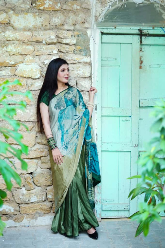 Elegant Green & Teal  blue Printed Saree