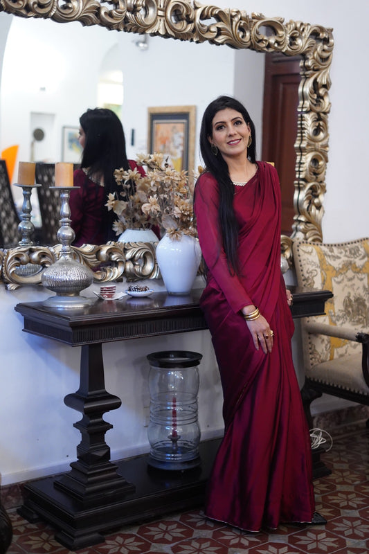 Solid Red Silky Plane Saree