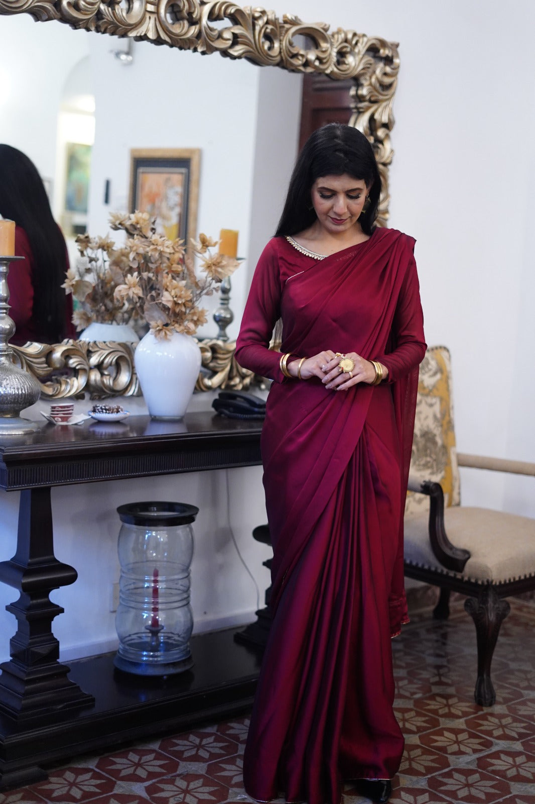 Solid Red Silky Plane Saree