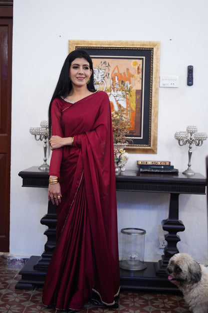 Solid Red Silky Plane Saree