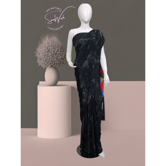 Midnight Mosaic: Black Saree with Architectural Geometric Pallu